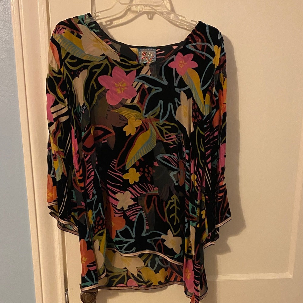 Johnny Was Black Floral Sheer Blouse with Pink Yellow Blue Accents